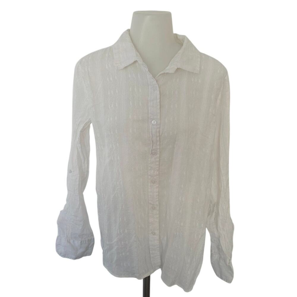 PASSPORT White Collared Button Front 3/4 Sleeve Medium Boho Retro Basic Casual